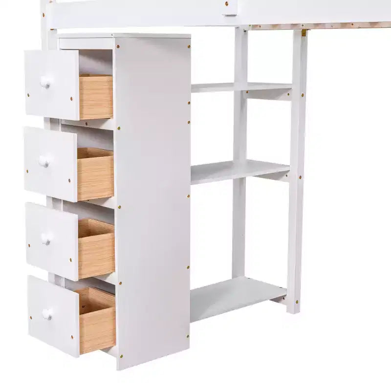 Whisen 94.40''L 41.80''W Lit mezzanine double en bois au design moderne avec tiroirs de rangement, bureau et escalier