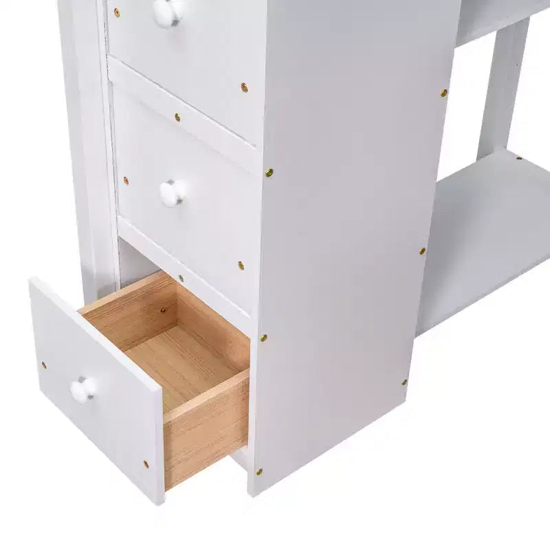 Whisen 94.40''L 41.80''W Lit mezzanine double en bois au design moderne avec tiroirs de rangement, bureau et escalier