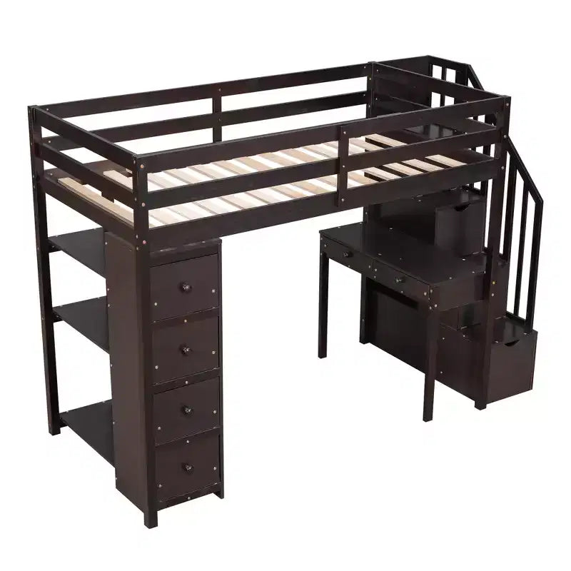 Whisen 94.40''L 41.80''W Lit mezzanine double en bois au design moderne avec tiroirs de rangement, bureau et escalier