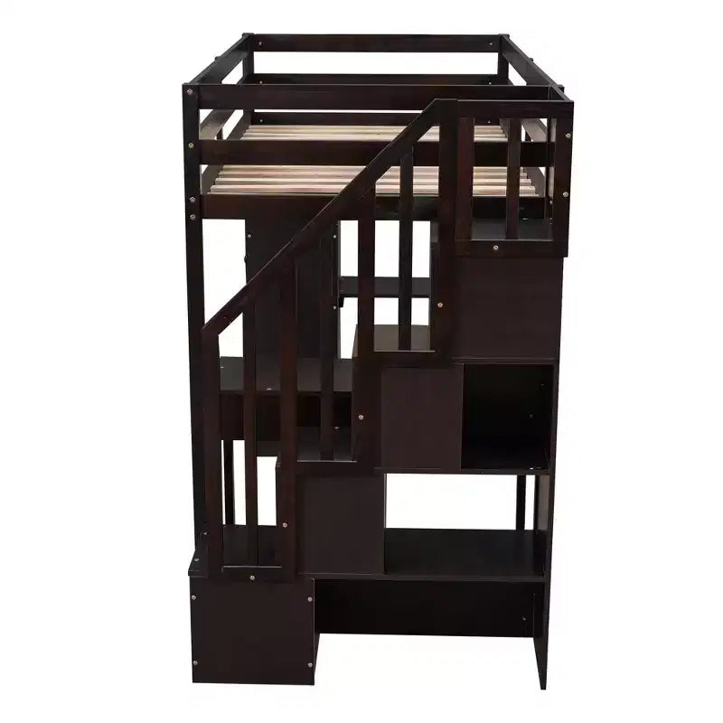 Whisen 94.40''L 41.80''W Lit mezzanine double en bois au design moderne avec tiroirs de rangement, bureau et escalier