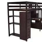 Whisen 94.40''L 41.80''W Lit mezzanine double en bois au design moderne avec tiroirs de rangement, bureau et escalier