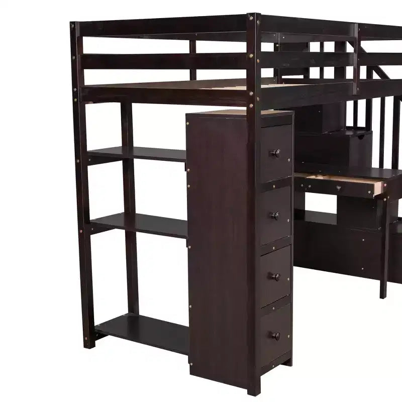 Whisen 94.40''L 41.80''W Lit mezzanine double en bois au design moderne avec tiroirs de rangement, bureau et escalier