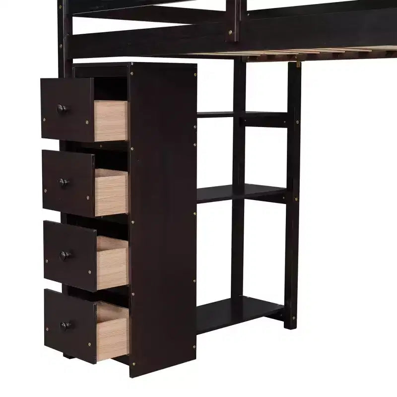 Whisen 94.40''L 41.80''W Lit mezzanine double en bois au design moderne avec tiroirs de rangement, bureau et escalier
