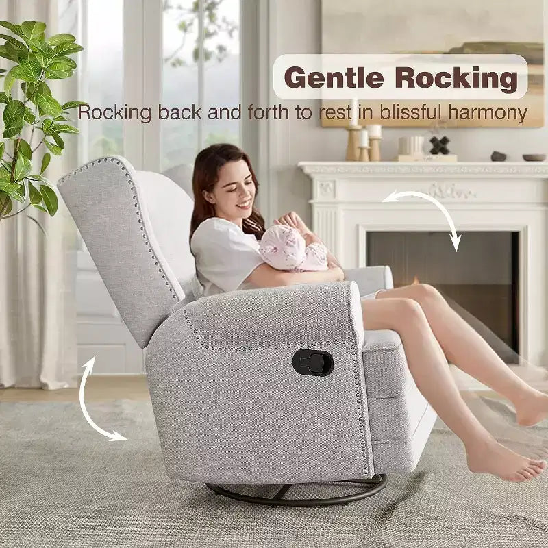Fauteuil inclinable pivotant Heynemo, fauteuil à bascule confortable avec oreiller et repose-pieds, fauteuil à bascule pivotant pour chambre à coucher, chambre de bébé
