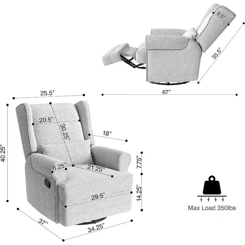 Fauteuil inclinable pivotant Heynemo, fauteuil à bascule confortable avec oreiller et repose-pieds, fauteuil à bascule pivotant pour chambre à coucher, chambre de bébé