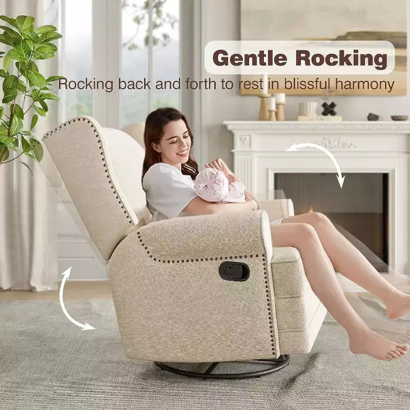 Fauteuil inclinable pivotant Heynemo, fauteuil à bascule confortable avec oreiller et repose-pieds, fauteuil à bascule pivotant pour chambre à coucher, chambre de bébé