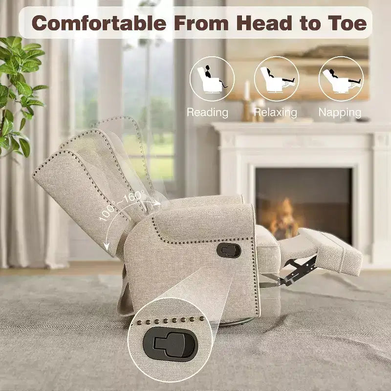 Fauteuil inclinable pivotant Heynemo, fauteuil à bascule confortable avec oreiller et repose-pieds, fauteuil à bascule pivotant pour chambre à coucher, chambre de bébé