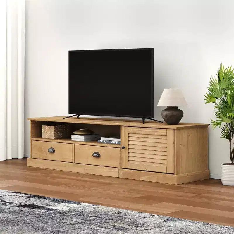vidaXL VIGO Meuble TV en pin massif avec rangement - Finition miel ciré, poignées en métal, 156 cm (L) x 40 cm (H)
