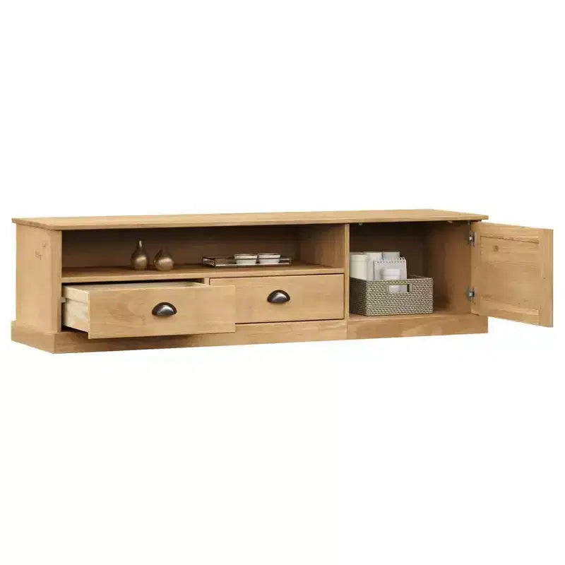 vidaXL VIGO Meuble TV en pin massif avec rangement - Finition miel ciré, poignées en métal, 156 cm (L) x 40 cm (H)