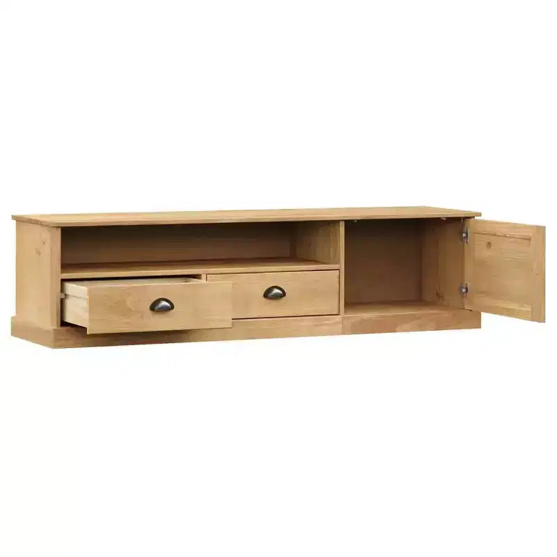 vidaXL VIGO Meuble TV en pin massif avec rangement - Finition miel ciré, poignées en métal, 156 cm (L) x 40 cm (H)