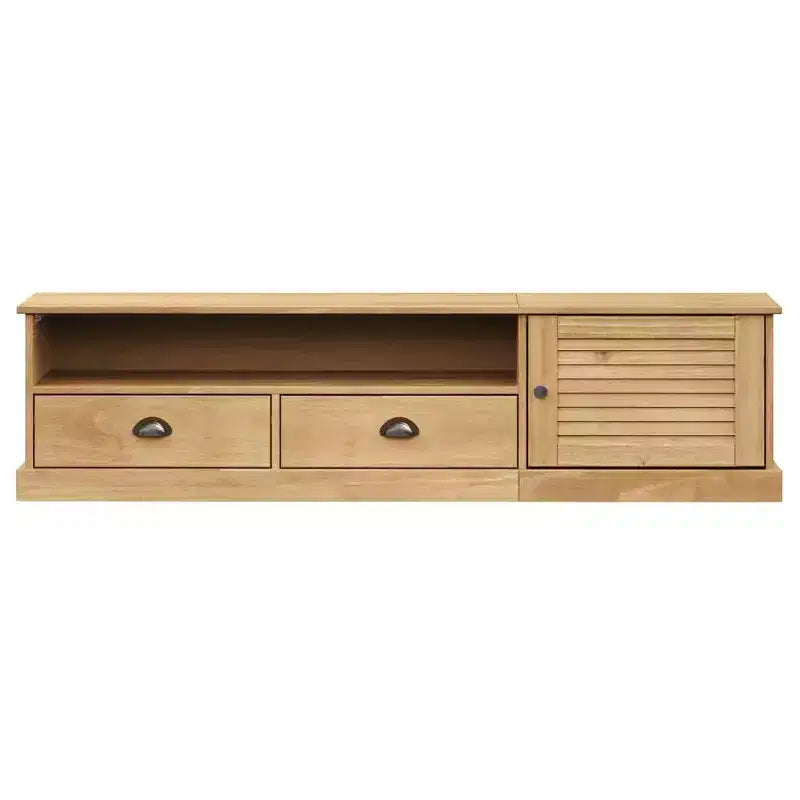 vidaXL VIGO Meuble TV en pin massif avec rangement - Finition miel ciré, poignées en métal, 156 cm (L) x 40 cm (H)