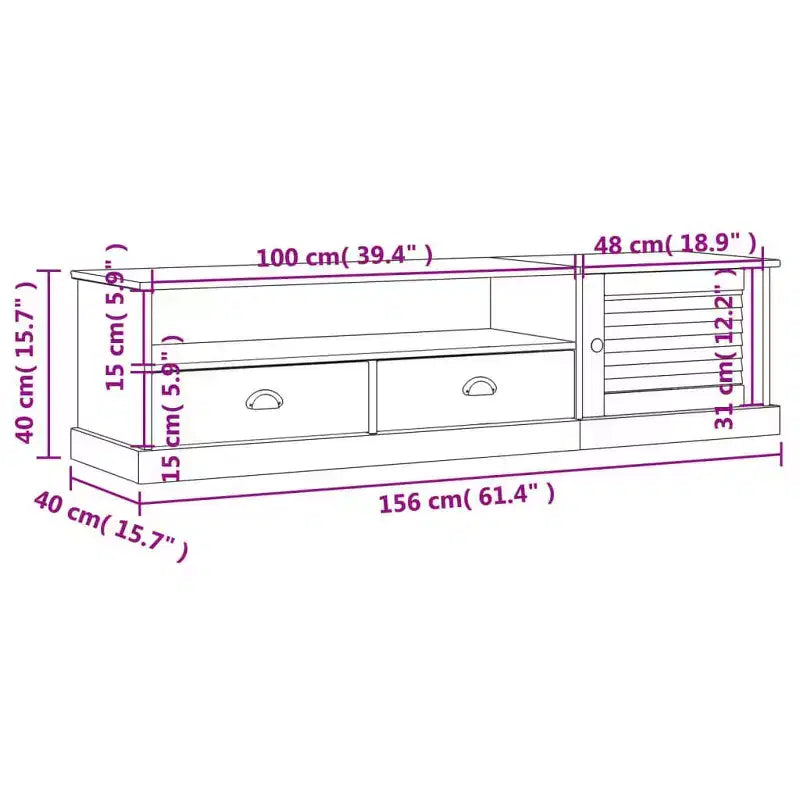 vidaXL VIGO Meuble TV en pin massif avec rangement - Finition miel ciré, poignées en métal, 156 cm (L) x 40 cm (H)