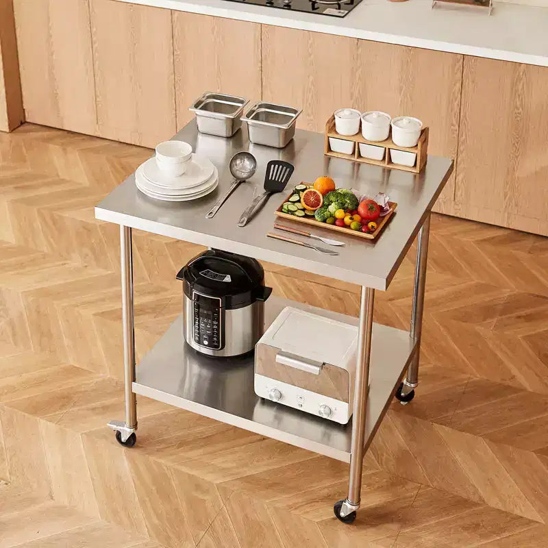 VEVOR Table de Travail en Acier Inoxydable 24 x 36 x 38 Pouces, avec 4 Roues, 3 Niveaux de Hauteur Réglables, Table de Préparation Alimentaire Robuste, Argent