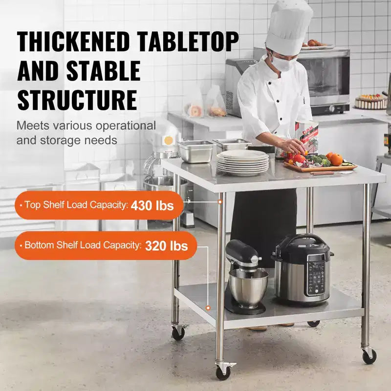VEVOR Table de Travail en Acier Inoxydable 24 x 36 x 38 Pouces, avec 4 Roues, 3 Niveaux de Hauteur Réglables, Table de Préparation Alimentaire Robuste, Argent