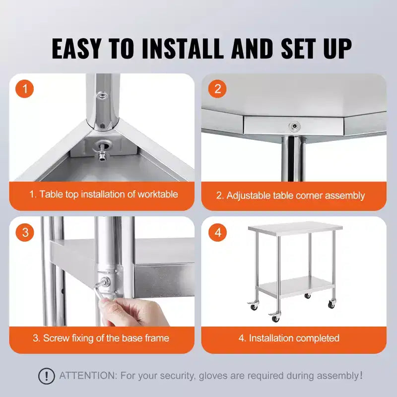 VEVOR Table de Travail en Acier Inoxydable 24 x 36 x 38 Pouces, avec 4 Roues, 3 Niveaux de Hauteur Réglables, Table de Préparation Alimentaire Robuste, Argent