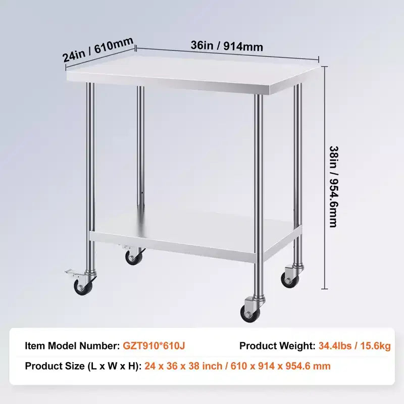 VEVOR Table de Travail en Acier Inoxydable 24 x 36 x 38 Pouces, avec 4 Roues, 3 Niveaux de Hauteur Réglables, Table de Préparation Alimentaire Robuste, Argent