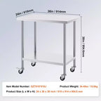 VEVOR Table de Travail en Acier Inoxydable 24 x 36 x 38 Pouces, avec 4 Roues, 3 Niveaux de Hauteur Réglables, Table de Préparation Alimentaire Robuste, Argent