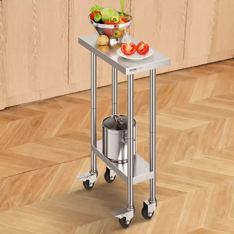 VEVOR Table de travail en acier inoxydable 61 x 30,5 x 96,5 cm, capacité de charge de 227 kg avec 4 roulettes, 3 hauteurs réglables, table de préparation alimentaire robuste