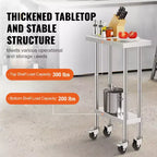 VEVOR Table de travail en acier inoxydable 61 x 30,5 x 96,5 cm, capacité de charge de 227 kg avec 4 roulettes, 3 hauteurs réglables, table de préparation alimentaire robuste