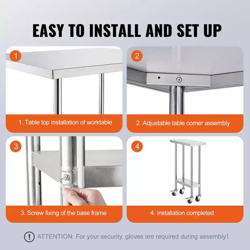 VEVOR Table de travail en acier inoxydable 61 x 30,5 x 96,5 cm, capacité de charge de 227 kg avec 4 roulettes, 3 hauteurs réglables, table de préparation alimentaire robuste