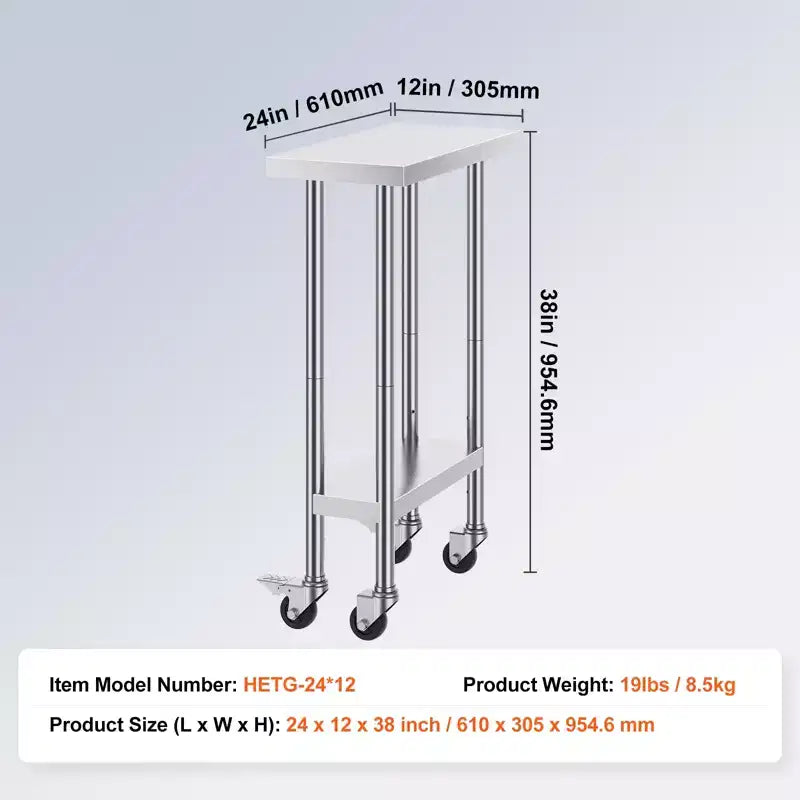 VEVOR Table de travail en acier inoxydable 61 x 30,5 x 96,5 cm, capacité de charge de 227 kg avec 4 roulettes, 3 hauteurs réglables, table de préparation alimentaire robuste