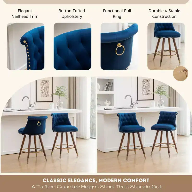 Lot de 2 tabourets de comptoir Elvara touffetés avec boutons et clous décoratifs, par Roundhill Furniture
