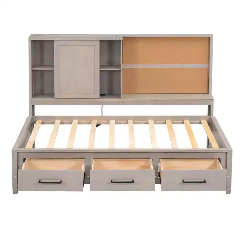 Lit de repos double Whisen avec étagères de rangement, panneau en liège, ports USB et 3 tiroirs