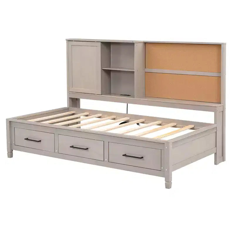 Lit de repos double Whisen avec étagères de rangement, panneau en liège, ports USB et 3 tiroirs