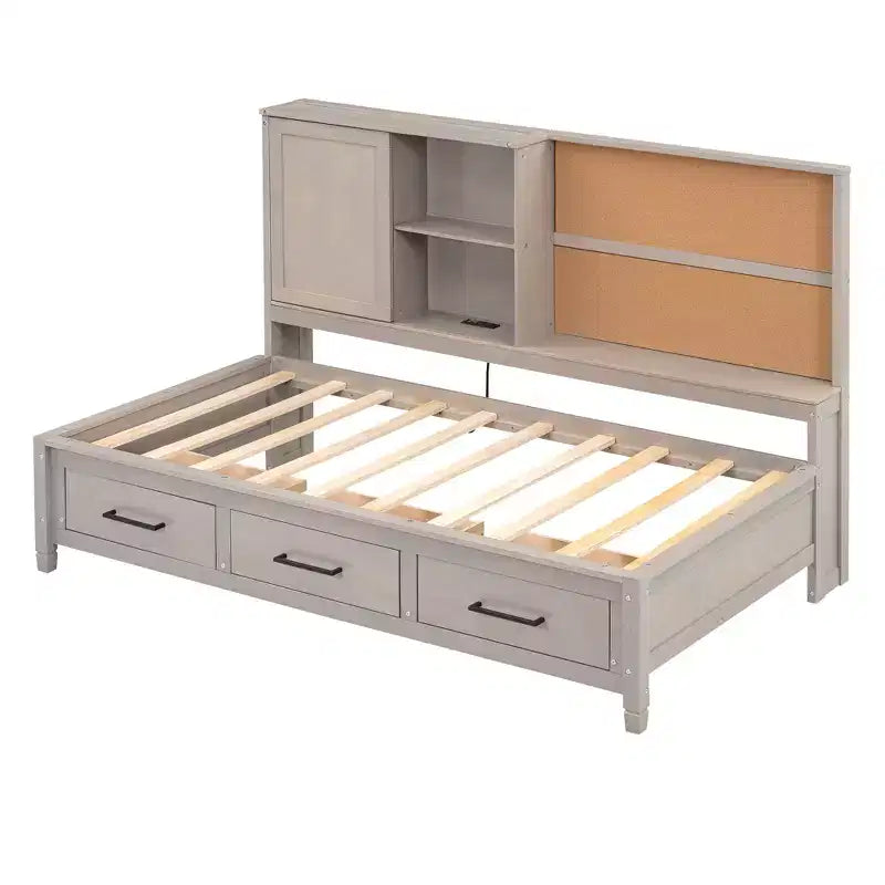 Lit de repos double Whisen avec étagères de rangement, panneau en liège, ports USB et 3 tiroirs