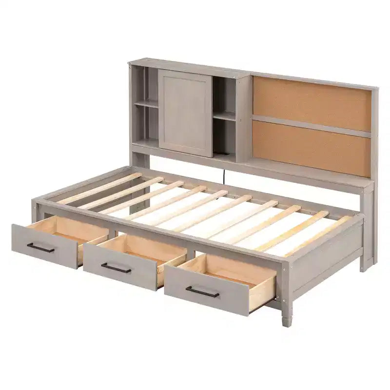 Lit de repos double Whisen avec étagères de rangement, panneau en liège, ports USB et 3 tiroirs