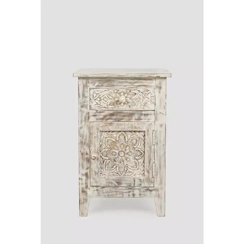 Jofran,Global Archive Hand Carved Mango Wood Accent Table- White Color