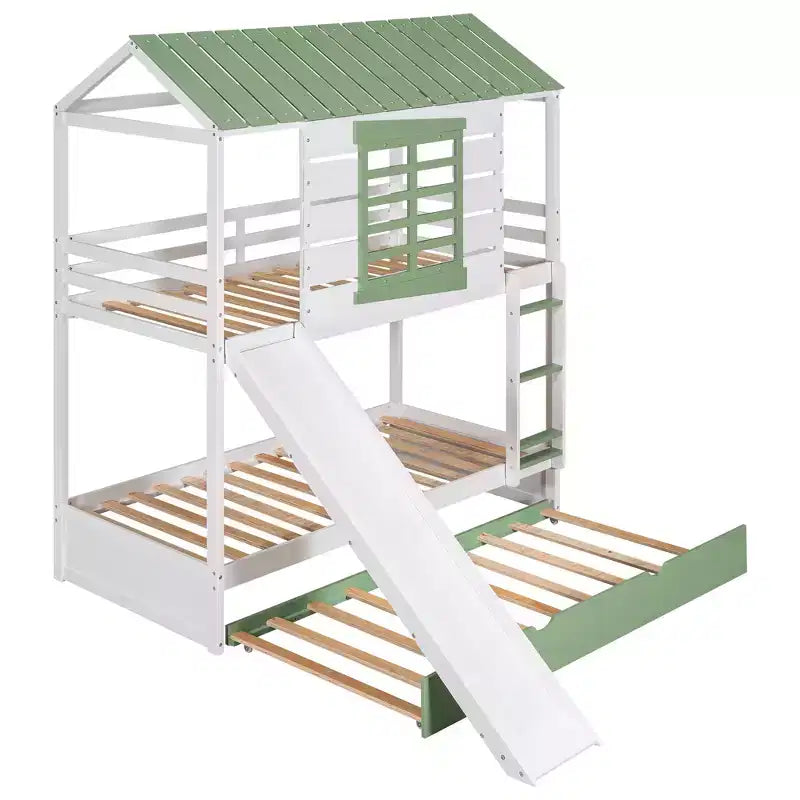 Lit superposé cabane Whisen double sur double avec toboggan convertible et lit gigogne - Blanc et vert