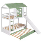 Lit superposé cabane Whisen double sur double avec toboggan convertible et lit gigogne - Blanc et vert
