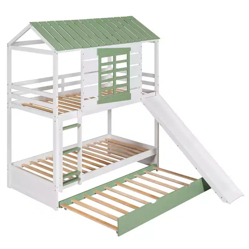 Lit superposé cabane Whisen double sur double avec toboggan convertible et lit gigogne - Blanc et vert