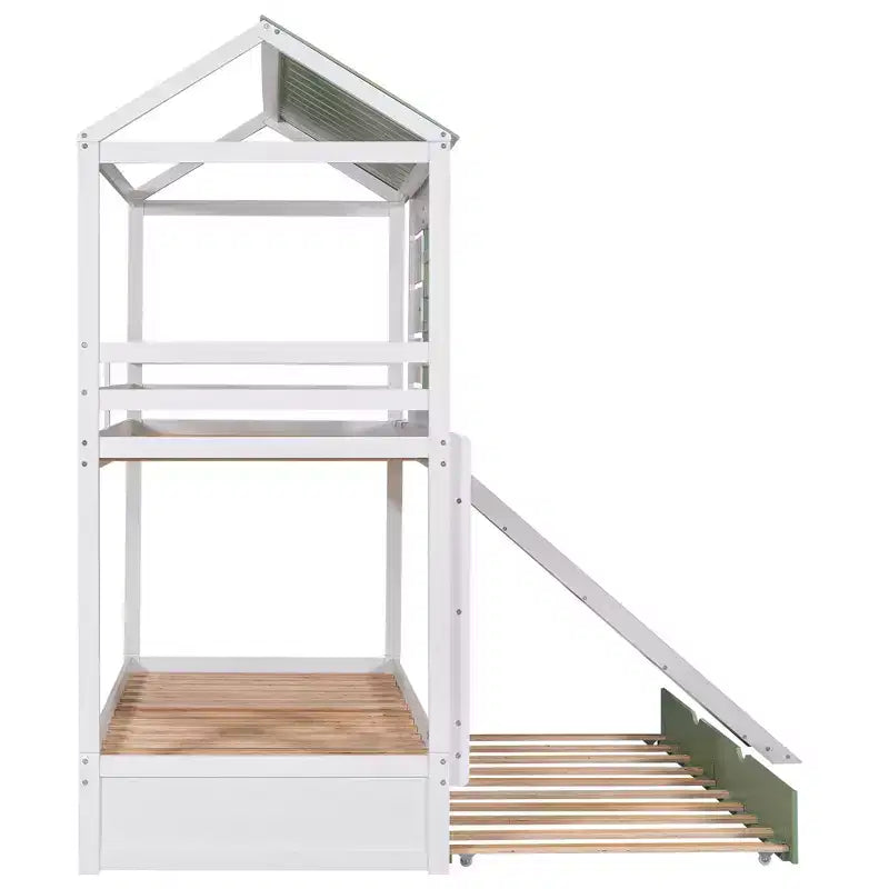 Lit superposé cabane Whisen double sur double avec toboggan convertible et lit gigogne - Blanc et vert