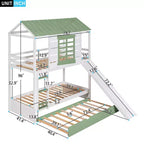 Lit superposé cabane Whisen double sur double avec toboggan convertible et lit gigogne - Blanc et vert