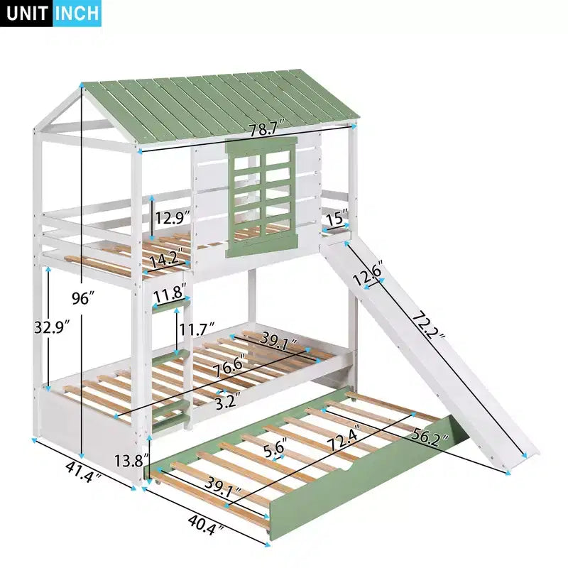 Lit superposé cabane Whisen double sur double avec toboggan convertible et lit gigogne - Blanc et vert