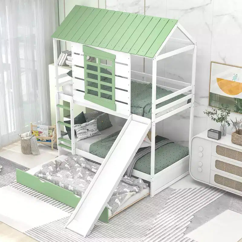 Lit superposé cabane Whisen double sur double avec toboggan convertible et lit gigogne - Blanc et vert