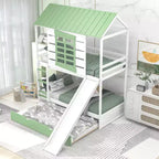 Lit superposé cabane Whisen double sur double avec toboggan convertible et lit gigogne - Blanc et vert