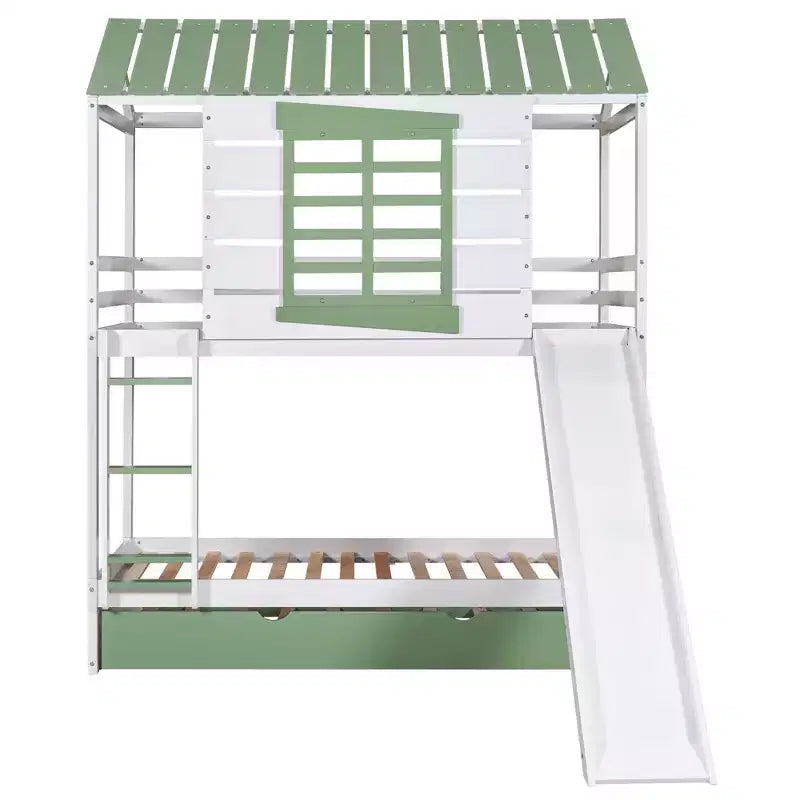 Lit superposé cabane Whisen double sur double avec toboggan convertible et lit gigogne - Blanc et vert