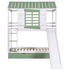 Lit superposé cabane Whisen double sur double avec toboggan convertible et lit gigogne - Blanc et vert