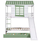 Lit superposé cabane Whisen double sur double avec toboggan convertible et lit gigogne - Blanc et vert