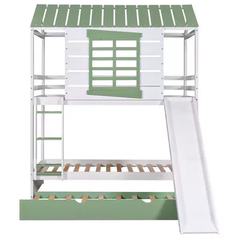 Lit superposé cabane Whisen double sur double avec toboggan convertible et lit gigogne - Blanc et vert