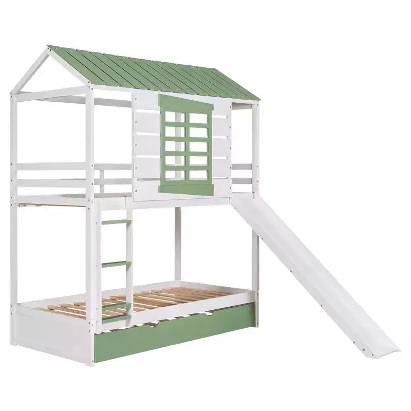 Lit superposé cabane Whisen double sur double avec toboggan convertible et lit gigogne - Blanc et vert