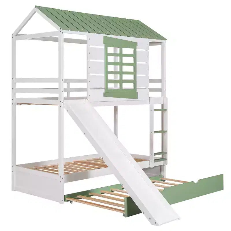 Lit superposé cabane Whisen double sur double avec toboggan convertible et lit gigogne - Blanc et vert