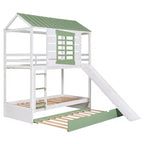 Lit superposé cabane Whisen double sur double avec toboggan convertible et lit gigogne - Blanc et vert