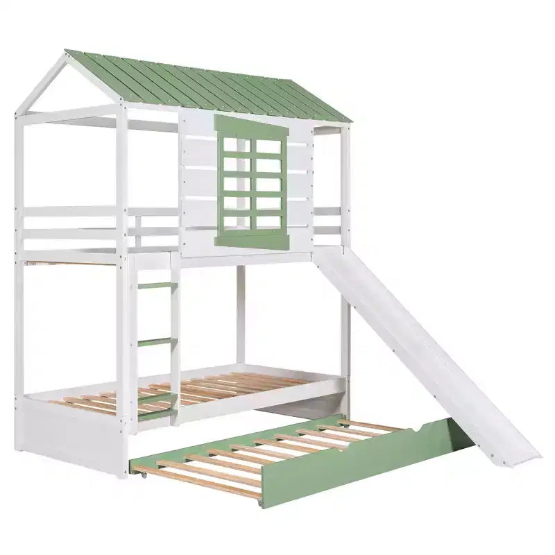 Lit superposé cabane Whisen double sur double avec toboggan convertible et lit gigogne - Blanc et vert