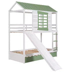 Lit superposé cabane Whisen double sur double avec toboggan convertible et lit gigogne - Blanc et vert