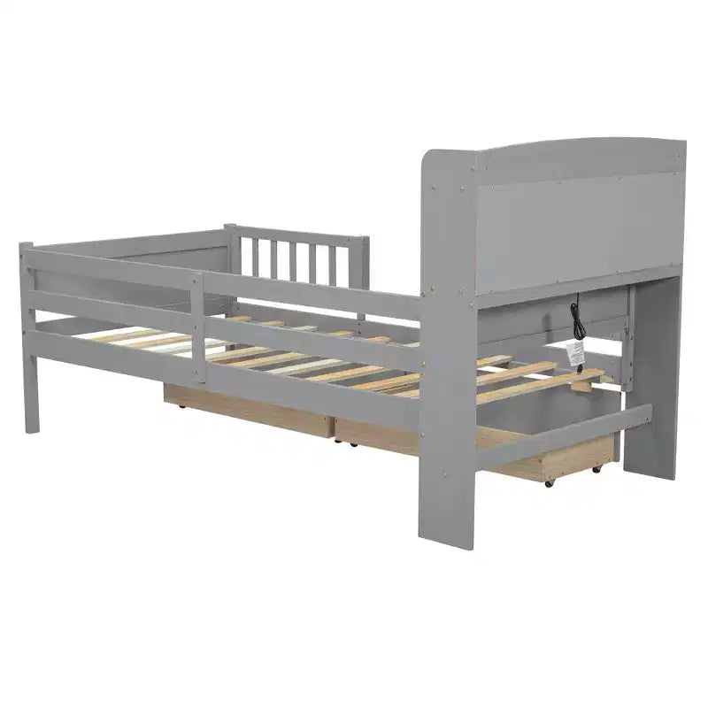 Lit plateforme double Whisen en bois avec lumière DEL intégrée, tête de lit multifonctionnelle, garde-corps et tiroirs