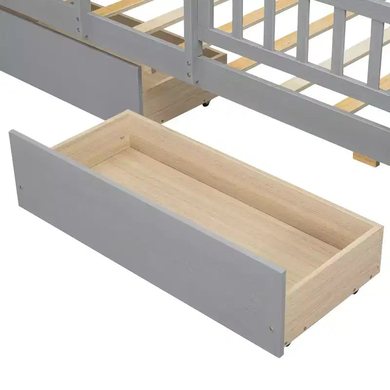 Lit plateforme double Whisen en bois avec lumière DEL intégrée, tête de lit multifonctionnelle, garde-corps et tiroirs